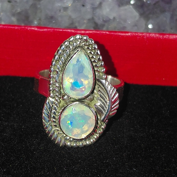 Ethiopian Opal Teardrop & Round Cut Sterling Silver Statement Ring - Picture 13 of 16